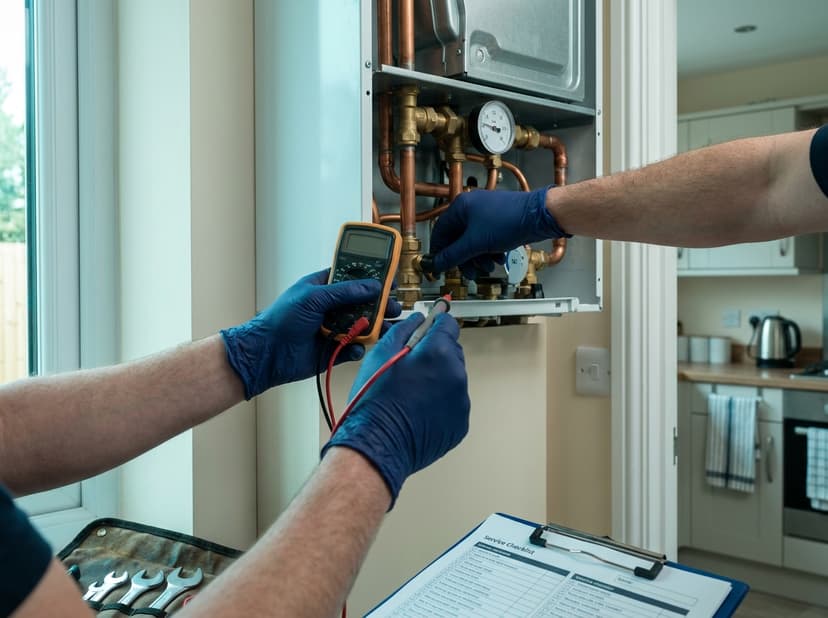 RGI registered engineer using a multimeter to test gas boiler pipework during an annual boiler service