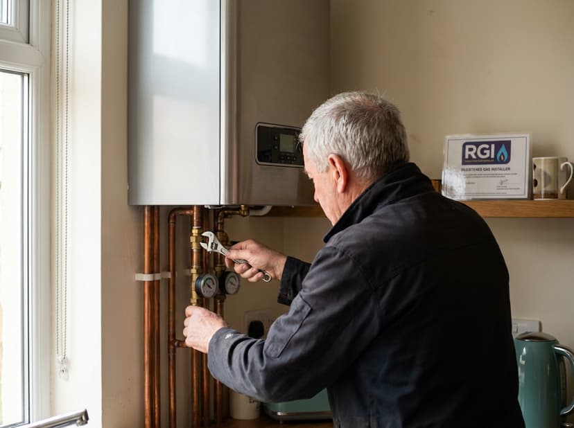 Senior gas engineer performing precision checks on a new combi boiler installation in a residential kitchen