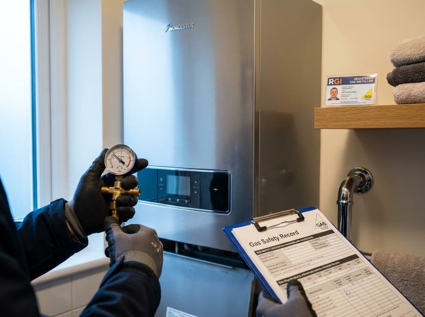 RGI registered engineer checking boiler pressure gauge and completing gas safety record during annual boiler service
