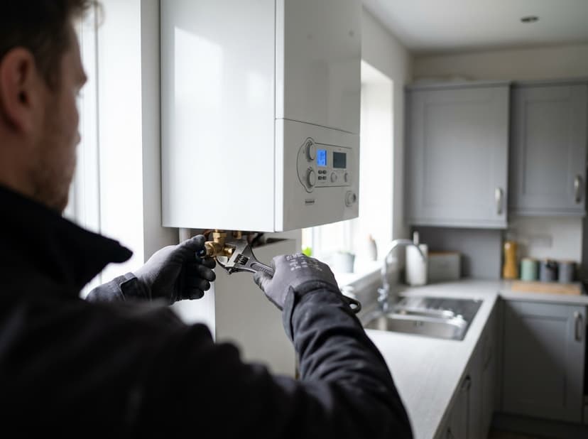RGI registered engineer using adjustable wrench to service a gas boiler mounted in a residential kitchen
