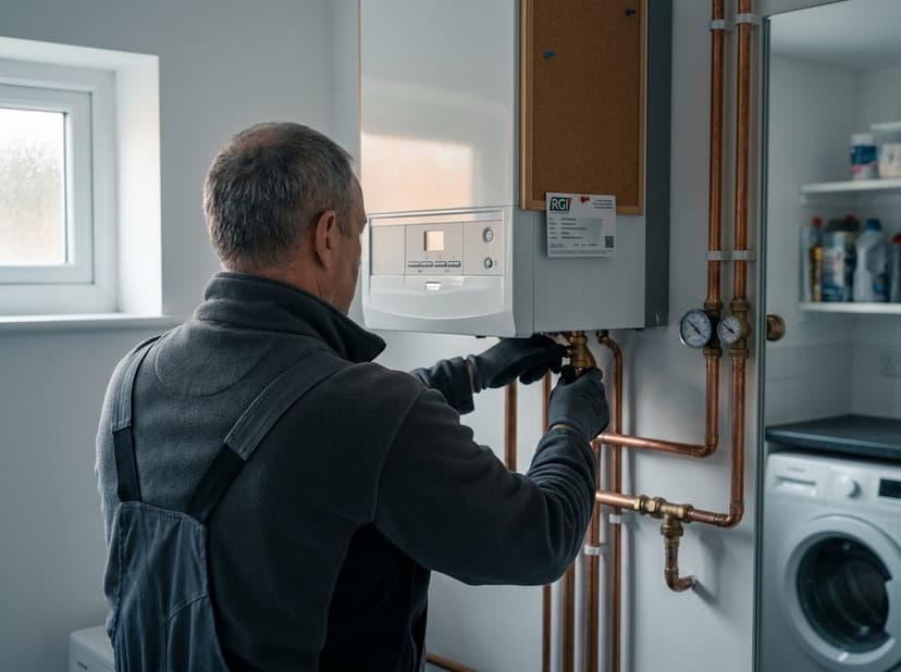 Experienced heating engineer inspecting a modern combi boiler under natural Dublin light